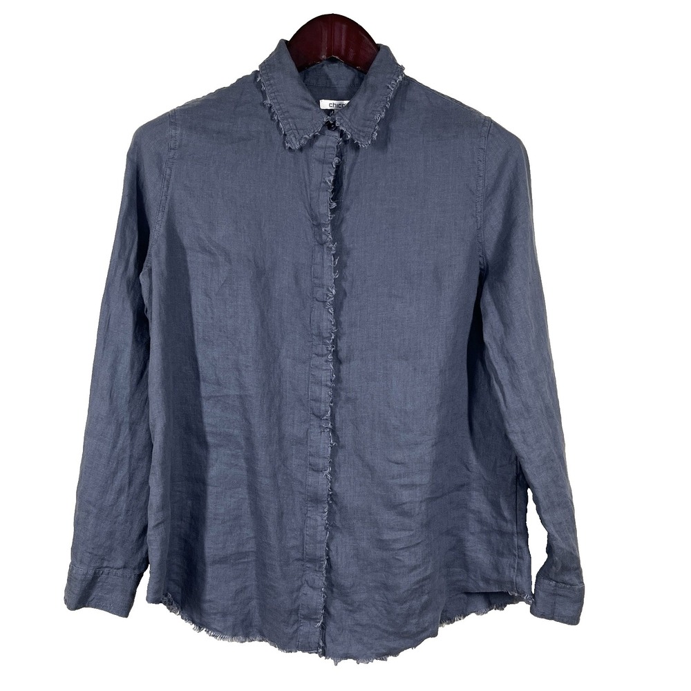 Chicos‎ 100% Linen Button Up Top Womens 0/4/S Steel Blue Raw Hem Roll-tab Sleeve